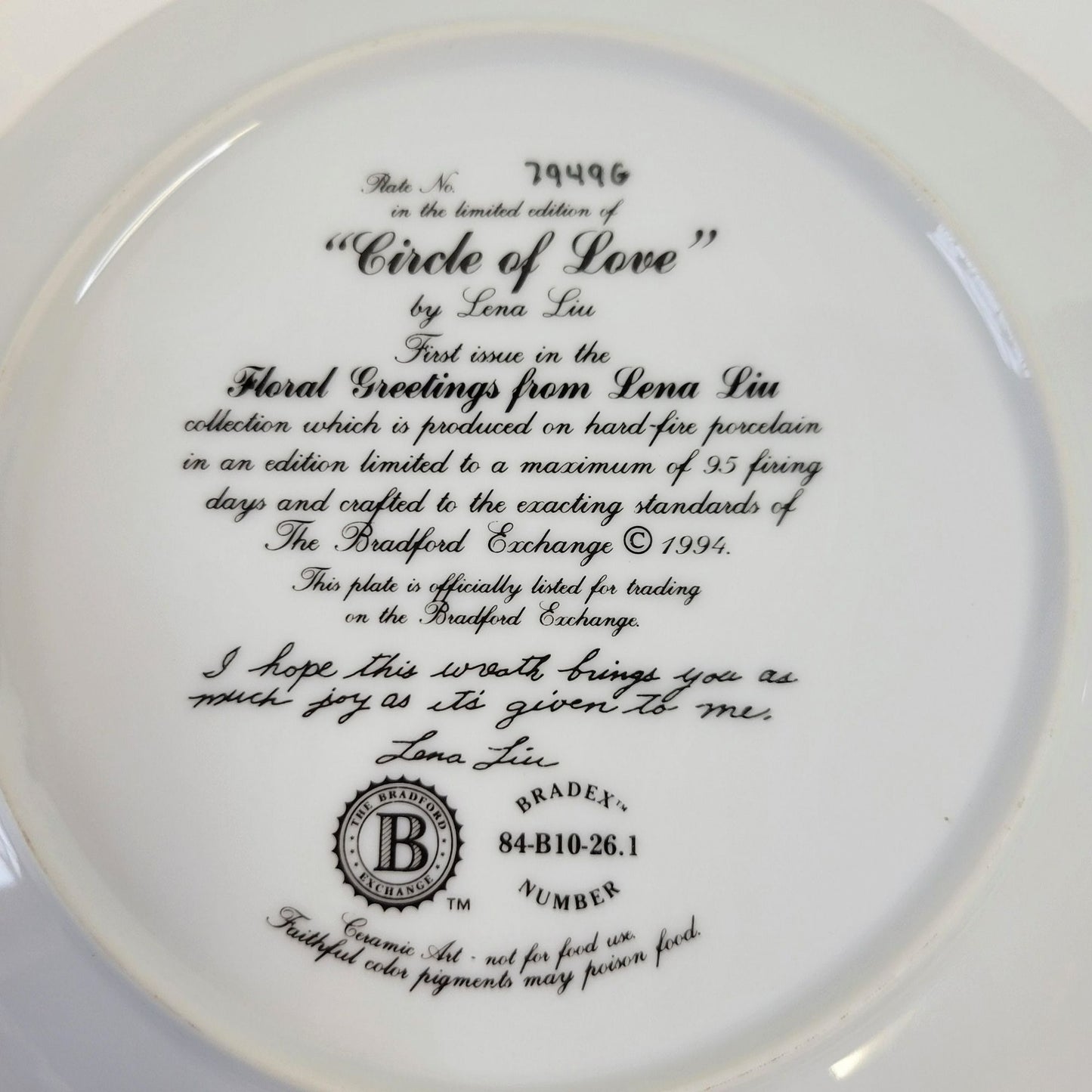 Vintage Bradford Exchange Floral Pink Peonies and Butterfly Plate, Circle of Love by Lena Liu