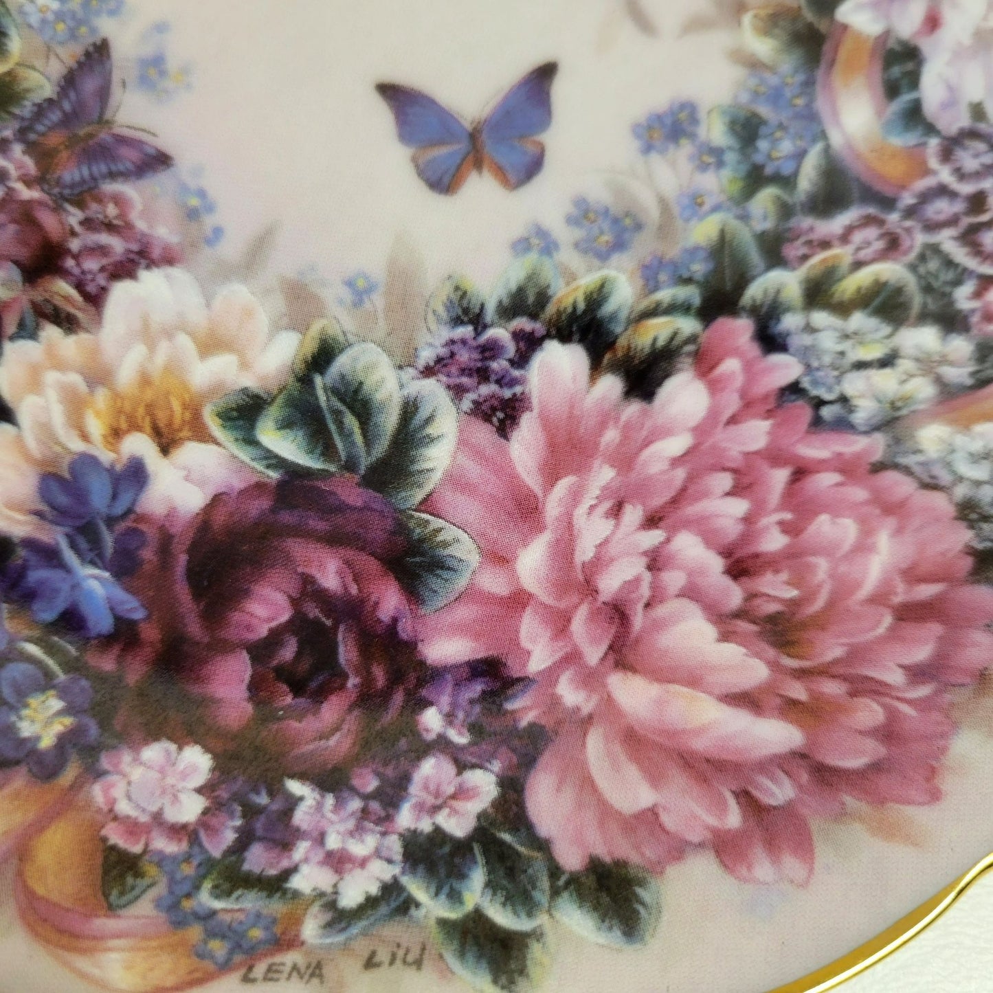Vintage Bradford Exchange Floral Pink Peonies and Butterfly Plate, Circle of Love by Lena Liu