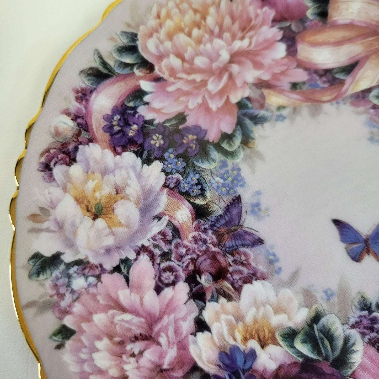 Vintage Bradford Exchange Floral Pink Peonies and Butterfly Plate, Circle of Love by Lena Liu