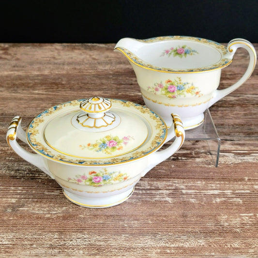 Noritake Floral Creamer & Sugar Bowl, Cream with Blue and Tan Border, Floral Spray c.1945-48 Rose China Occupied Japan