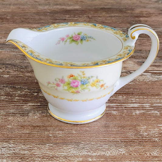 Noritake Floral Creamer & Sugar Bowl, Cream with Blue and Tan Border, Floral Spray c.1945-48 Rose China Occupied Japan
