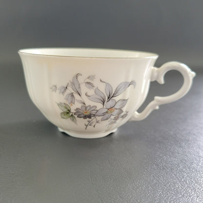 Bohemian China Wild Flower Teacup & Saucer, 2 Sets, Blue Gray, Silver Trim with Embossed Edge, Made in Czechoslovakia