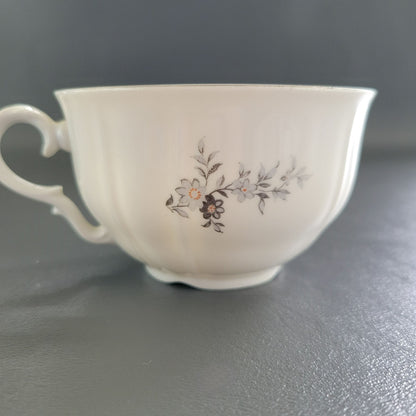 Bohemian China Wild Flower Teacup & Saucer, 2 Sets, Blue Gray, Silver Trim with Embossed Edge, Made in Czechoslovakia