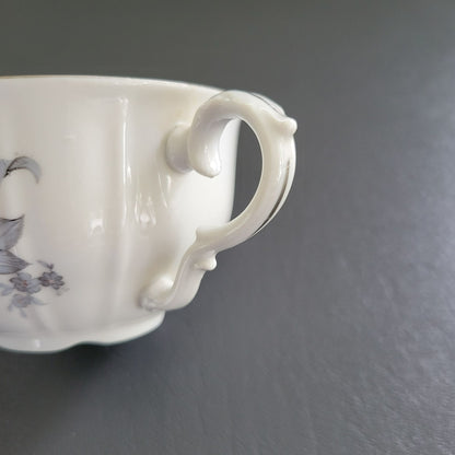 Bohemian China Wild Flower Teacup & Saucer, 2 Sets, Blue Gray, Silver Trim with Embossed Edge, Made in Czechoslovakia