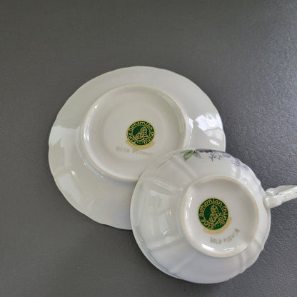 Bohemian China Wild Flower Teacup & Saucer, 2 Sets, Blue Gray, Silver Trim with Embossed Edge, Made in Czechoslovakia