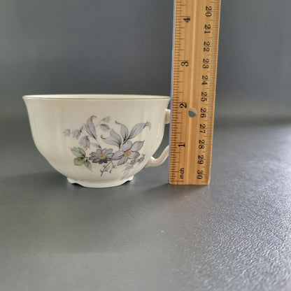 Bohemian China Wild Flower Teacup & Saucer, 2 Sets, Blue Gray, Silver Trim with Embossed Edge, Made in Czechoslovakia