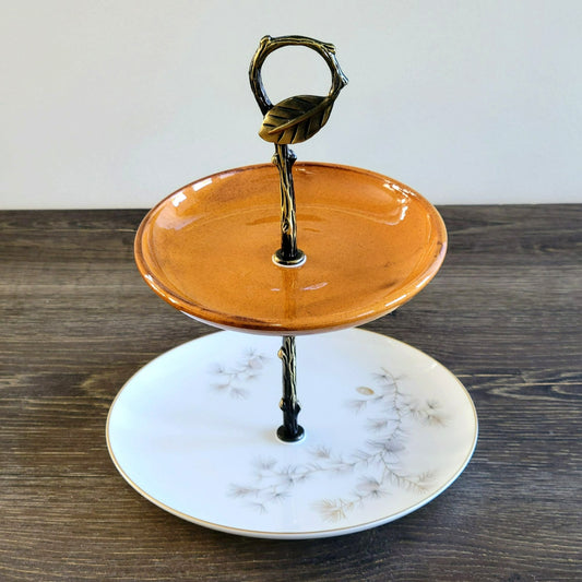 Mismatched 2 Tiered Dessert Stand, Burnt Orange w/ Pinecone & Branch Design