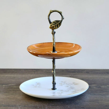 Mismatched 2 Tiered Dessert Stand, Burnt Orange w/ Pinecone & Branch Design