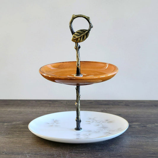 Mismatched 2 Tiered Dessert Stand, Burnt Orange w/ Pinecone & Branch Design