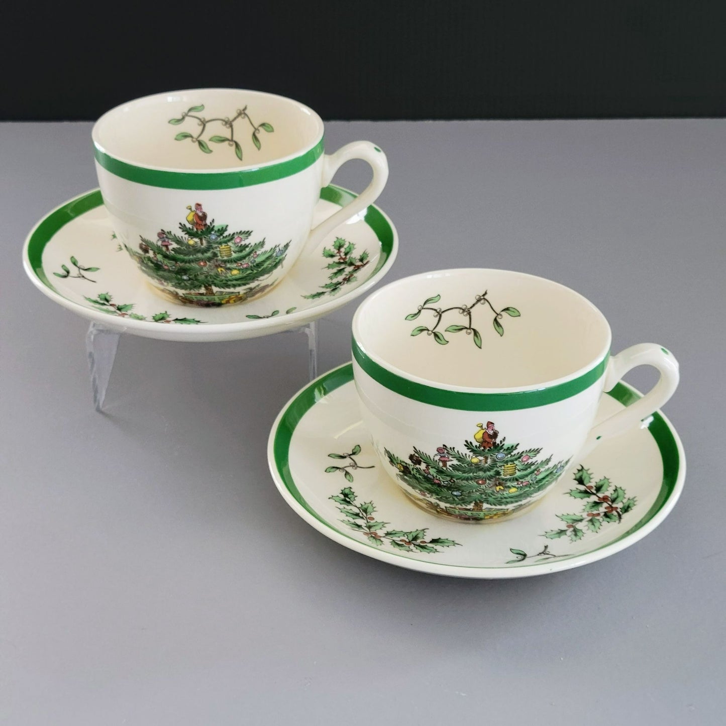 Spode Christmas Tree Cup & Saucer, 2 Sets, England c.1976-89