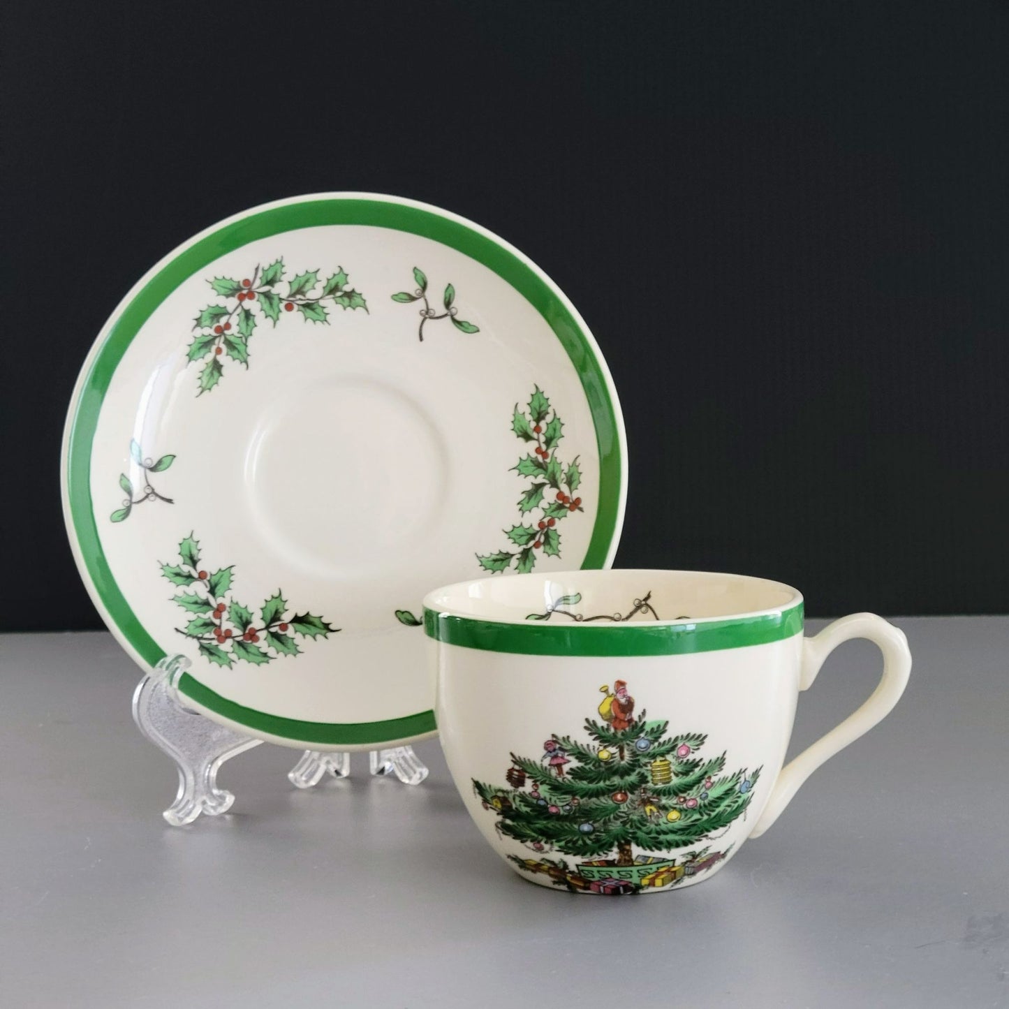 Spode Christmas Tree Cup & Saucer, 2 Sets, England c.1976-89