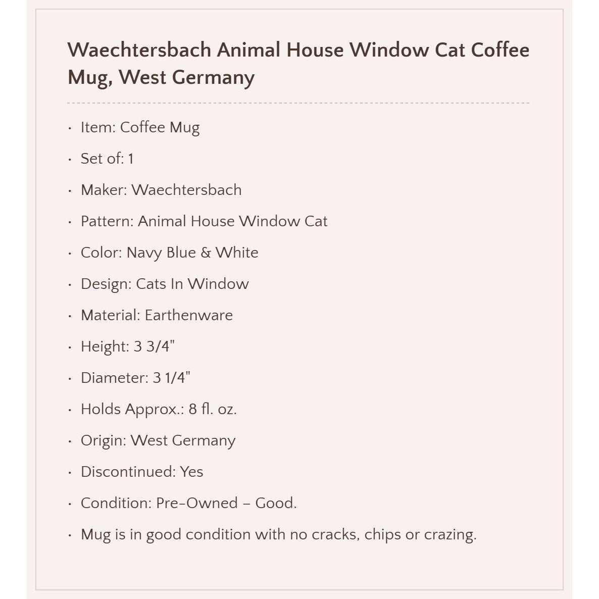Waechtersbach "Animal House" Cat's in Window Coffee Mug