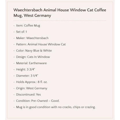 Waechtersbach "Animal House" Cat's in Window Coffee Mug