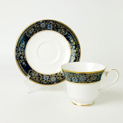 Royal Doulton Carlyle Teacup & Saucer, Dark Teal Band, Blue Flowers, Gold Leaves on Trim, Made in England