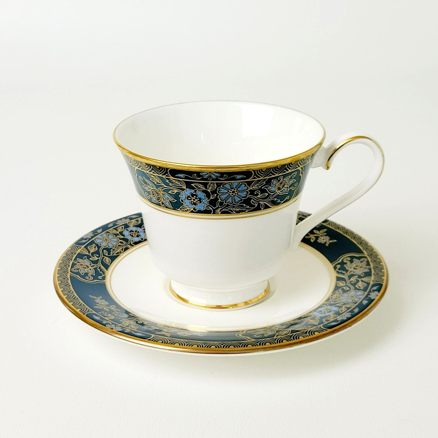 Royal Doulton Carlyle Teacup & Saucer, Dark Teal Band, Blue Flowers, Gold Leaves on Trim, Made in England
