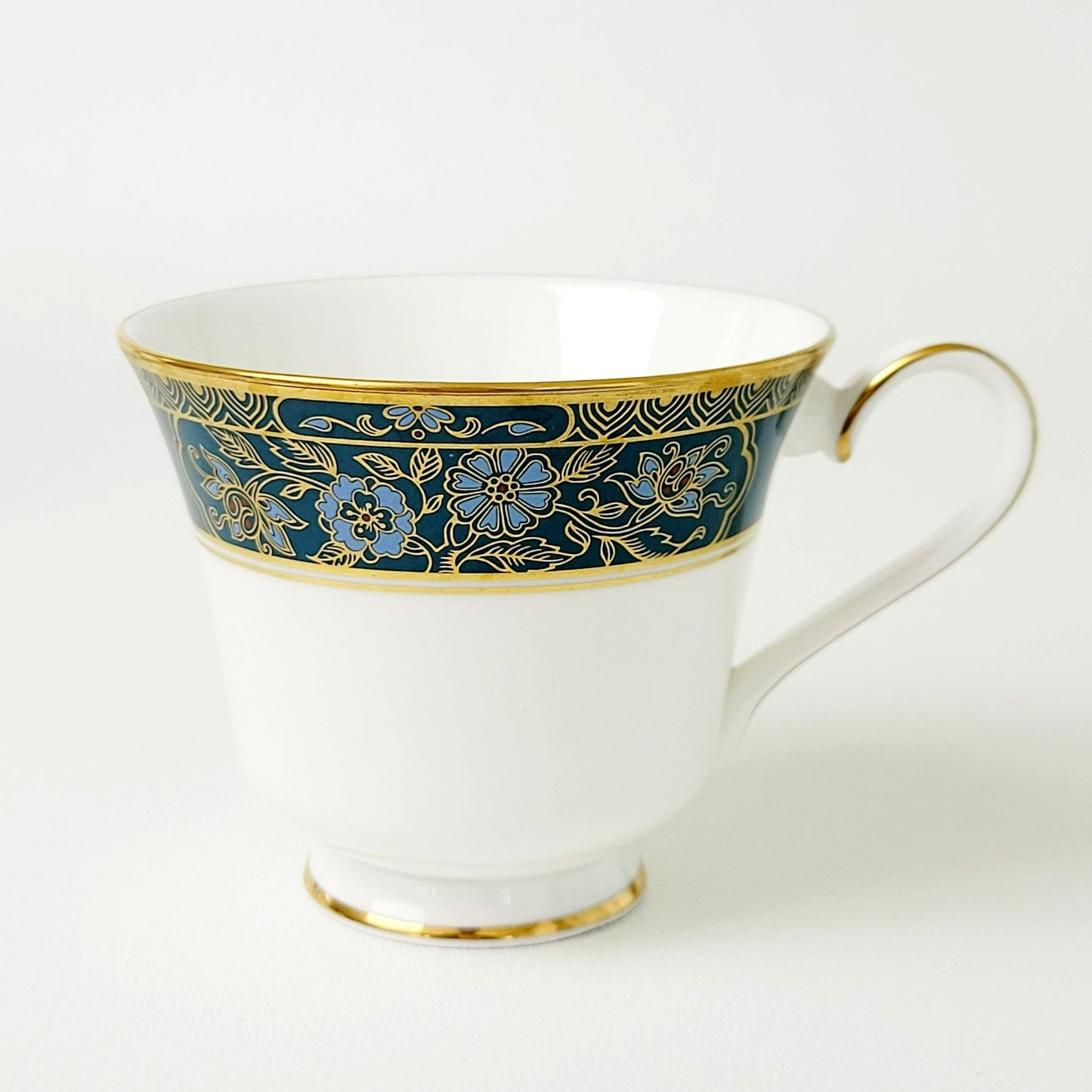 Royal Doulton Carlyle Teacup & Saucer, Dark Teal Band, Blue Flowers, Gold Leaves on Trim, Made in England
