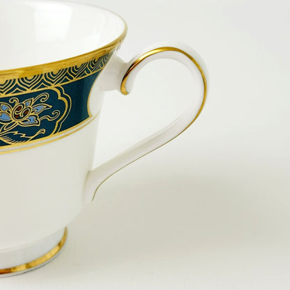 Royal Doulton Carlyle Teacup & Saucer, Dark Teal Band, Blue Flowers, Gold Leaves on Trim, Made in England