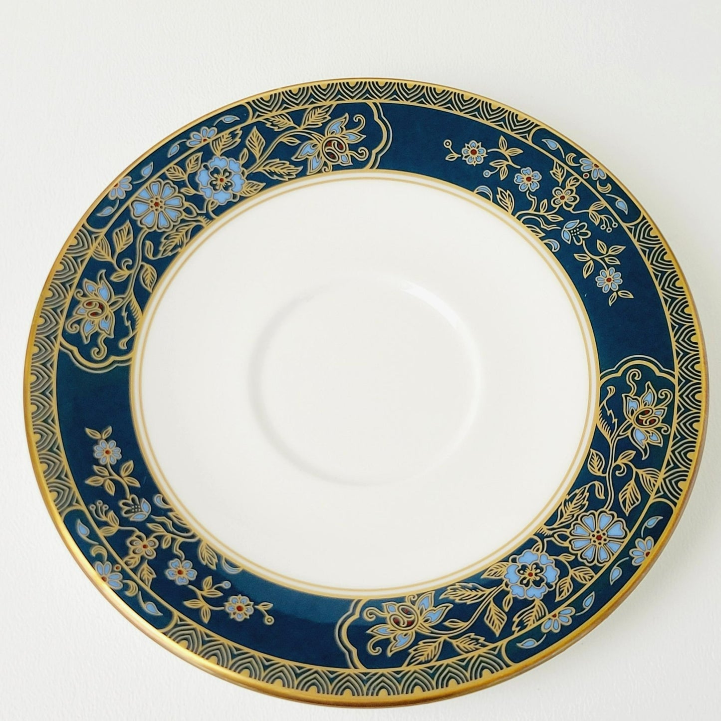 Royal Doulton Carlyle Teacup & Saucer, Dark Teal Band, Blue Flowers, Gold Leaves on Trim, Made in England