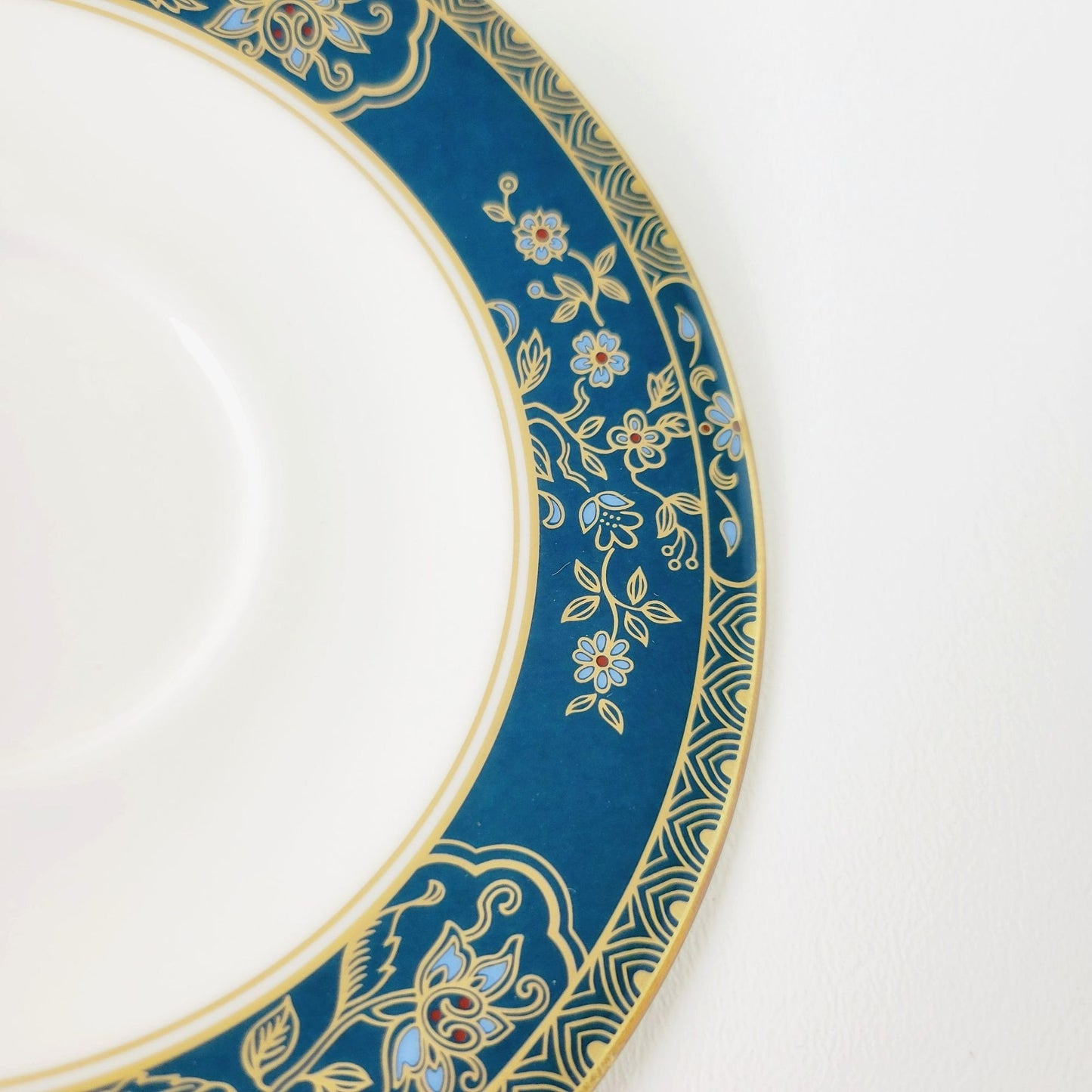 Royal Doulton Carlyle Teacup & Saucer, Dark Teal Band, Blue Flowers, Gold Leaves on Trim, Made in England