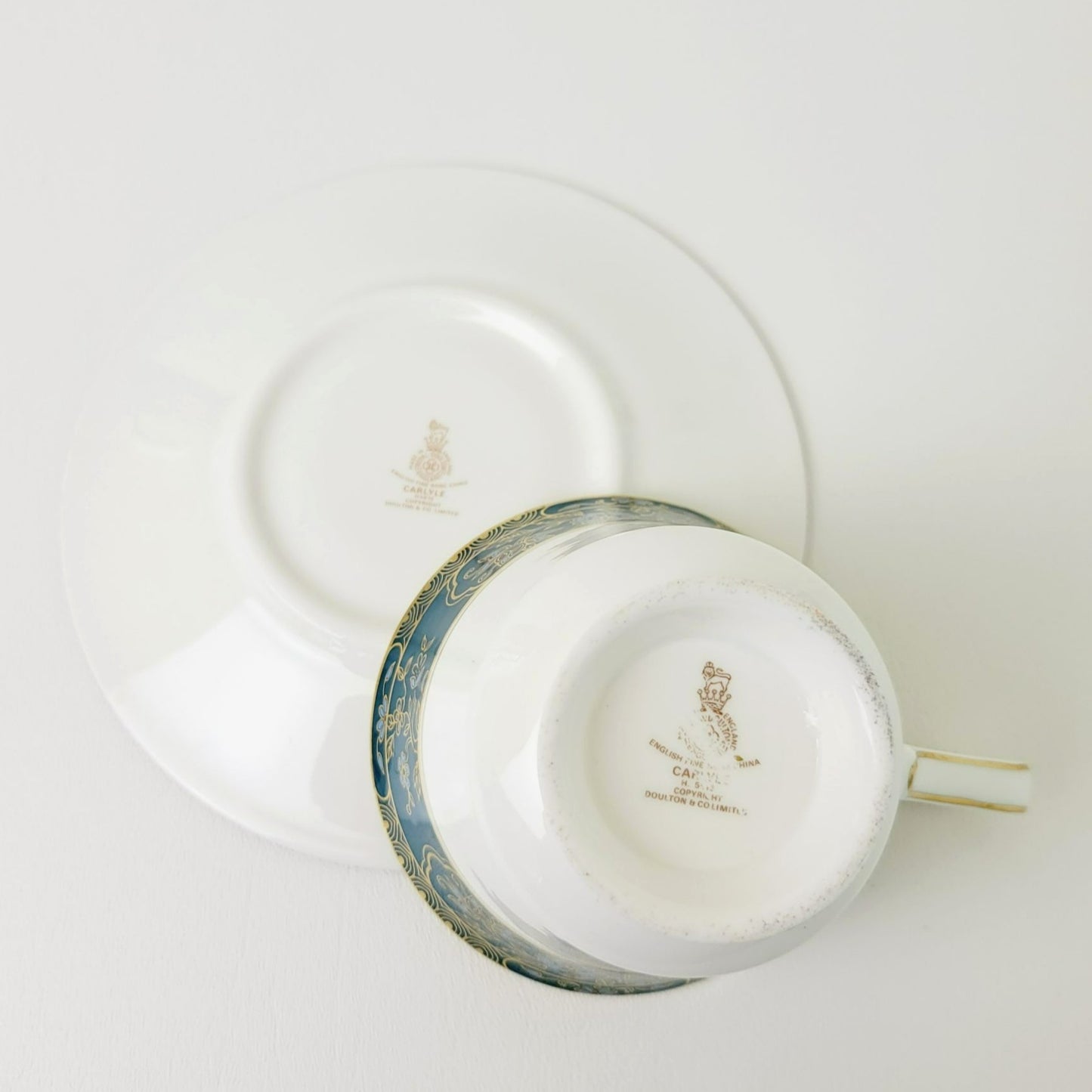 Royal Doulton Carlyle Teacup & Saucer, Dark Teal Band, Blue Flowers, Gold Leaves on Trim, Made in England