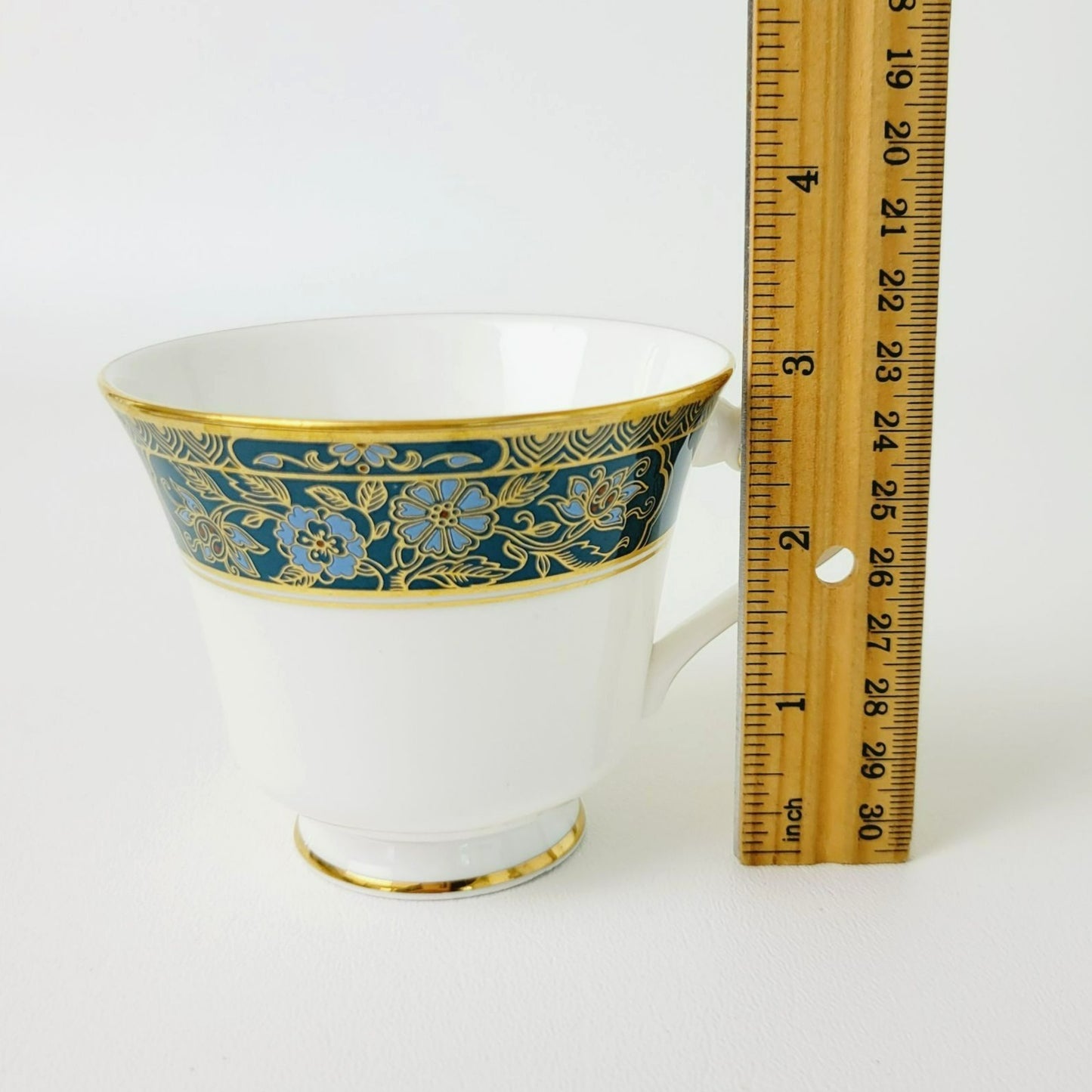 Royal Doulton Carlyle Teacup & Saucer, Dark Teal Band, Blue Flowers, Gold Leaves on Trim, Made in England