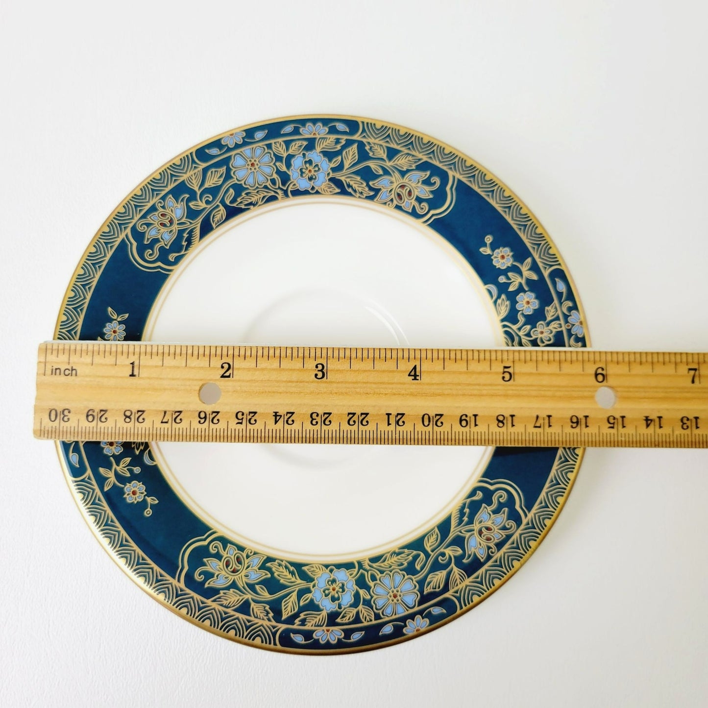 Royal Doulton Carlyle Teacup & Saucer, Dark Teal Band, Blue Flowers, Gold Leaves on Trim, Made in England