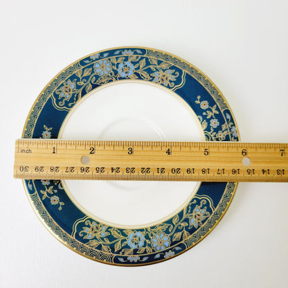 Royal Doulton Carlyle Teacup & Saucer, Dark Teal Band, Blue Flowers, Gold Leaves on Trim, Made in England