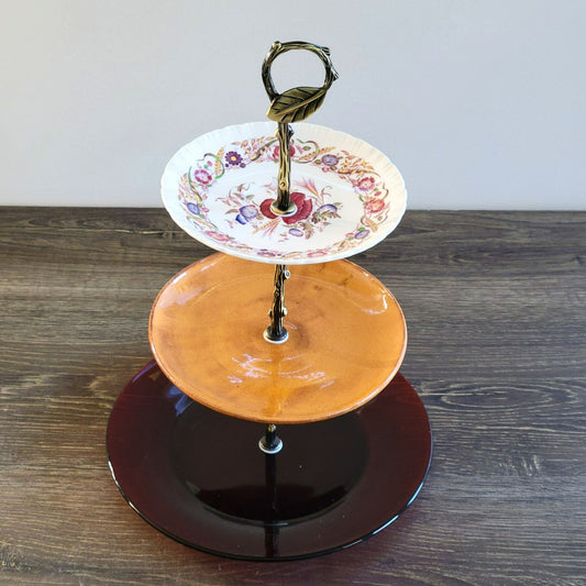 Mismatched 3 Tiered Dessert Stand, Made From Wedgwood & Anchor Hocking Plates