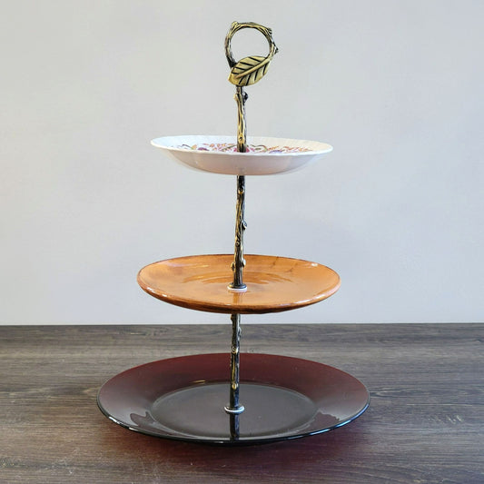 Mismatched 3 Tiered Dessert Stand, Made From Wedgwood & Anchor Hocking Plates