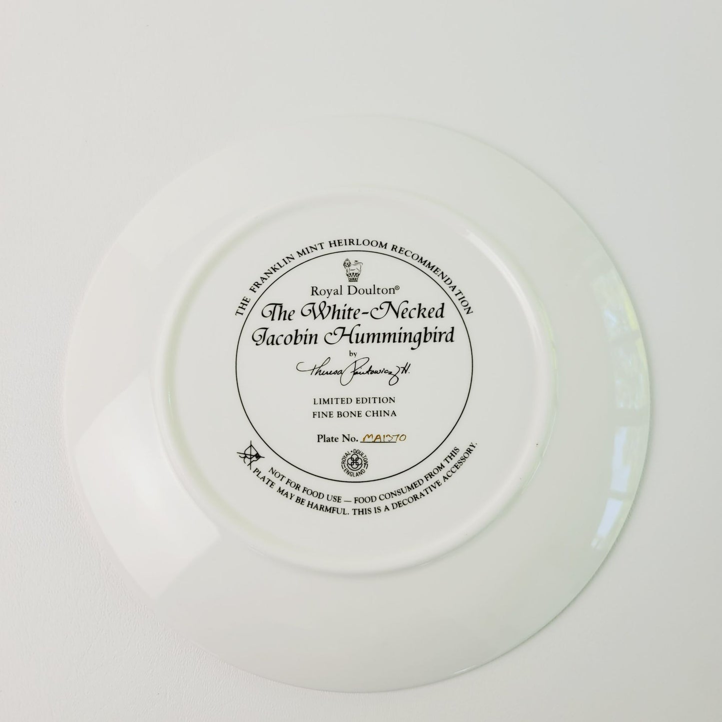 Royal Doulton Hummingbird Plate, White Necked Jacobin Hummingbird, Franklin Mint Heirloom Bird Collectors Plate, Made in England