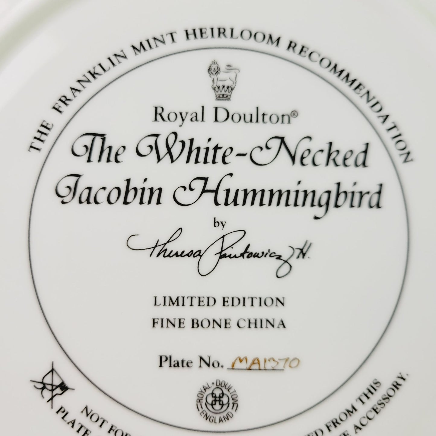 Royal Doulton Hummingbird Plate, White Necked Jacobin Hummingbird, Franklin Mint Heirloom Bird Collectors Plate, Made in England