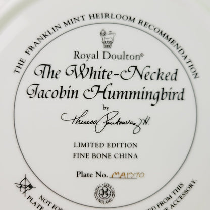 Royal Doulton Hummingbird Plate, White Necked Jacobin Hummingbird, Franklin Mint Heirloom Bird Collectors Plate, Made in England