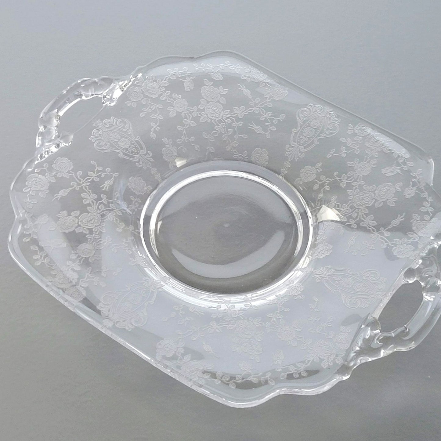 Cambridge Glass "Rose Point Clear" Handled Bon Bon Plate, c.1934-58 USA