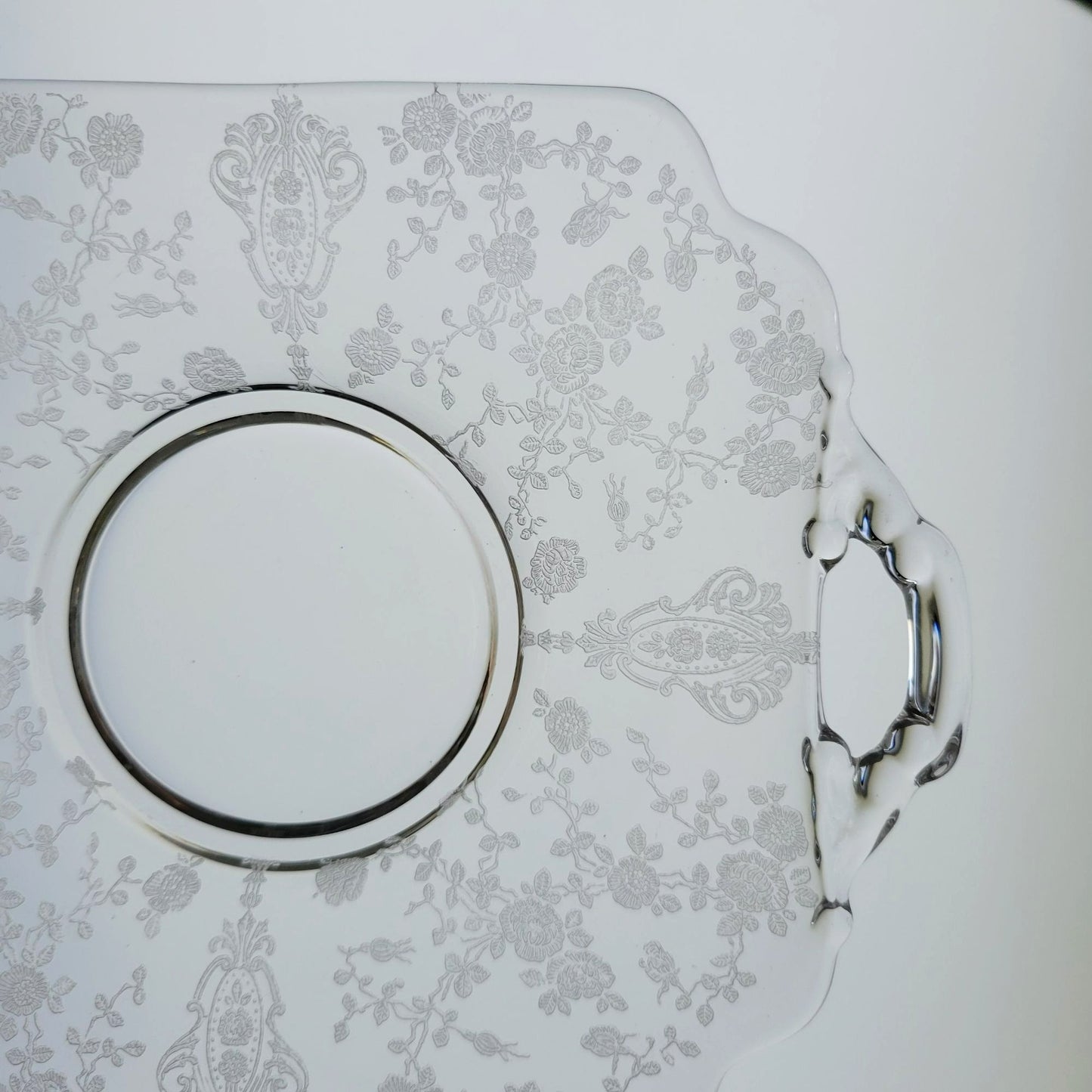 Cambridge Glass "Rose Point Clear" Handled Bon Bon Plate, c.1934-58 USA