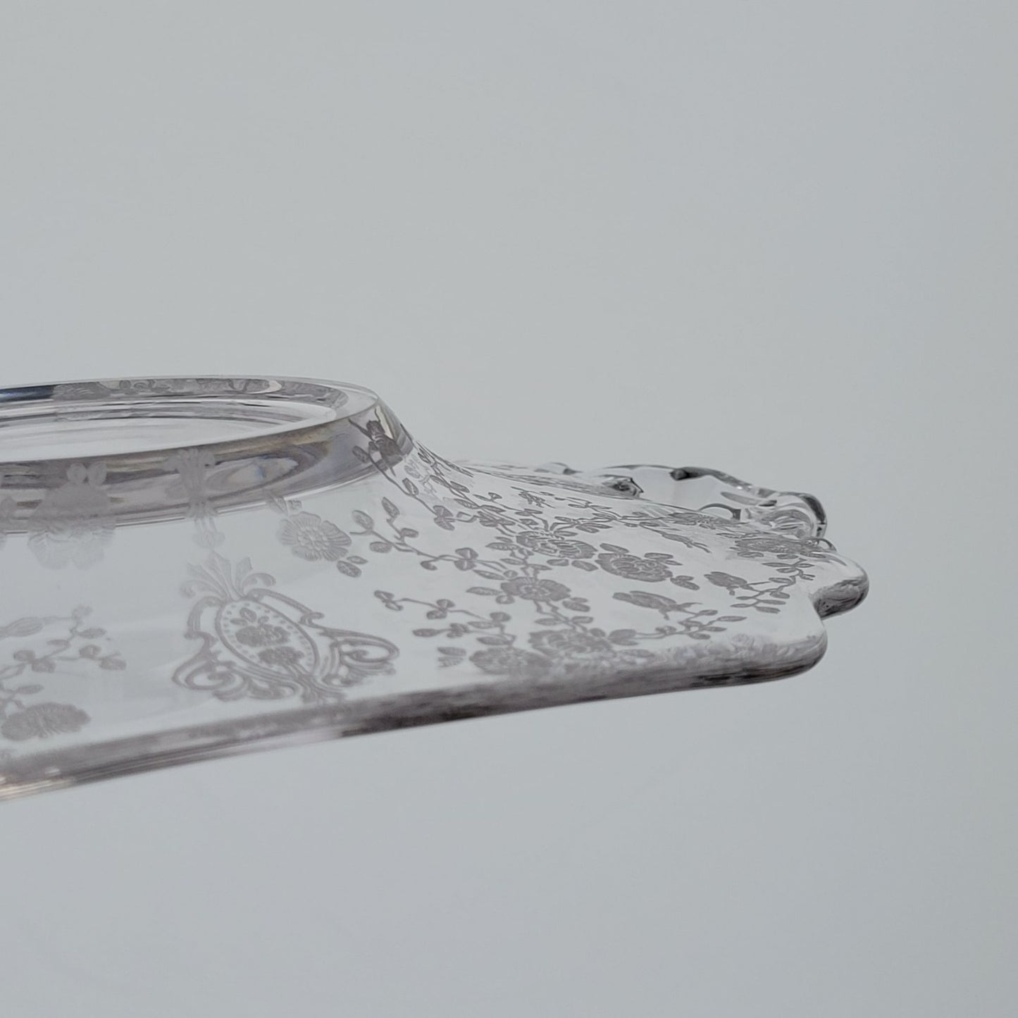 Cambridge Glass "Rose Point Clear" Handled Bon Bon Plate, c.1934-58 USA