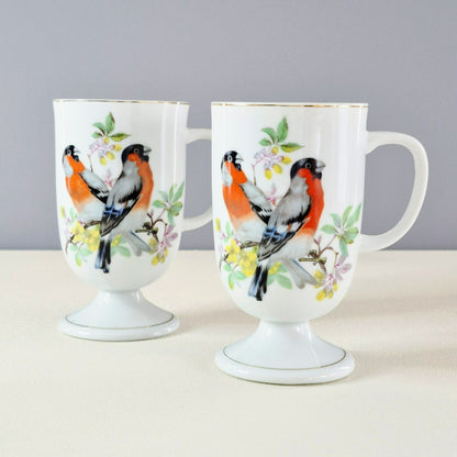 Vintage Bullfinch Bird Pedestal Mug Set of 2