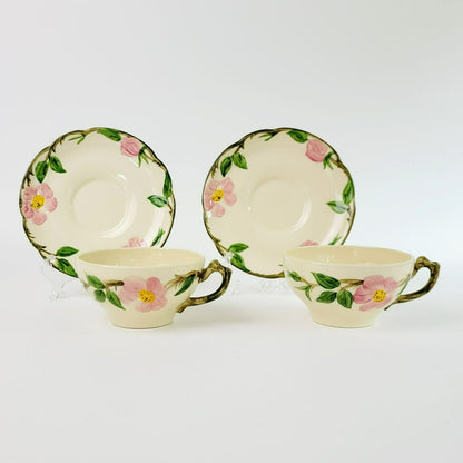 Franciscan Desert Rose Teacup & Saucer, 2 Sets, Hand Painted & Embossed Pink Floral, c.1949-53 USA