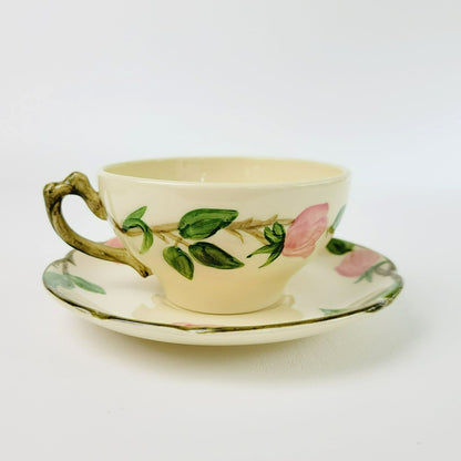 Franciscan Desert Rose Teacup & Saucer, 2 Sets, Hand Painted & Embossed Pink Floral, c.1949-53 USA