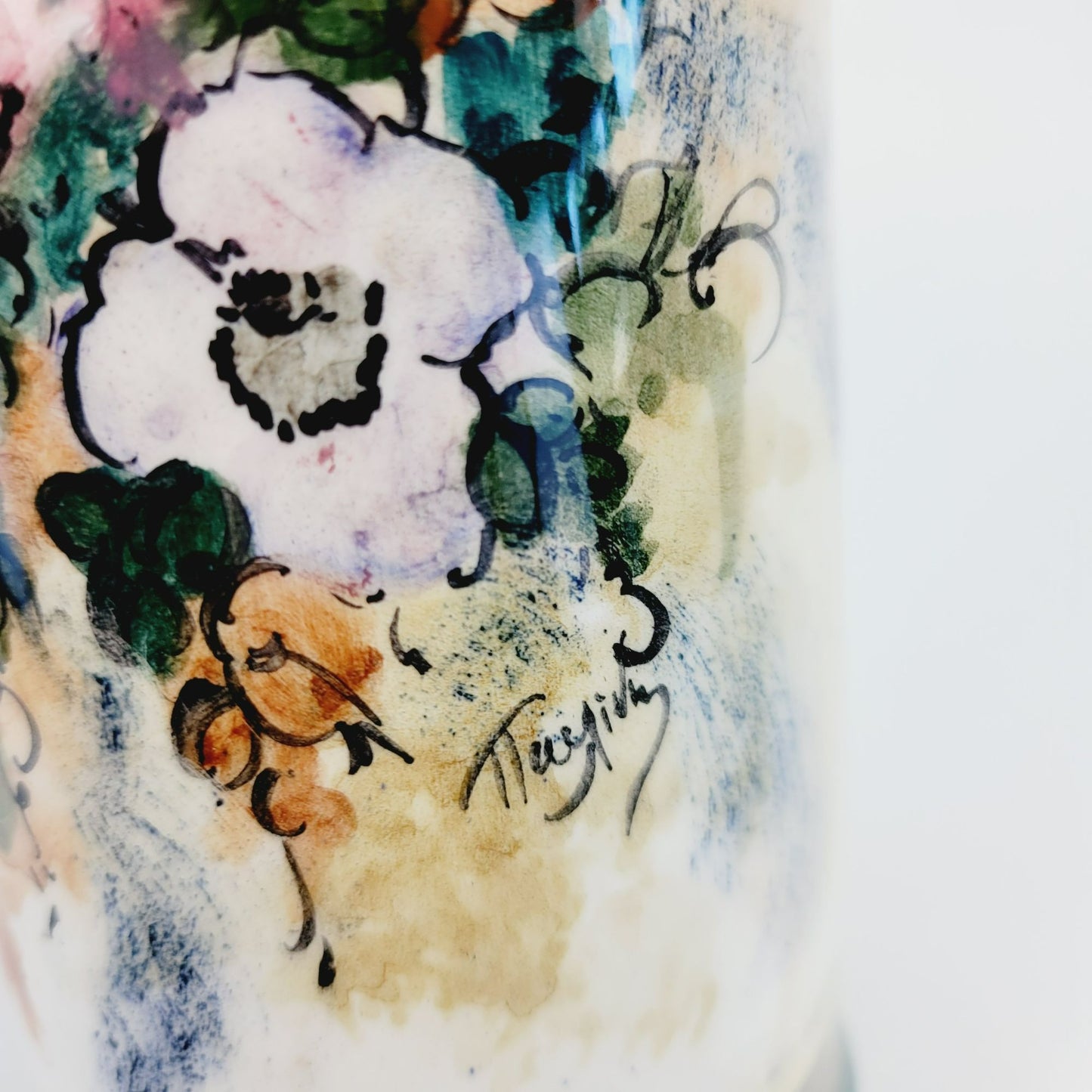 Greek Hand Painted Floral Jug With Stopper, Artist Signed