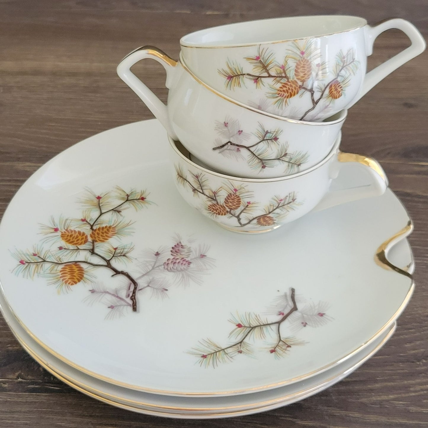 Vintage Pinecone Teacup & Snack Tray, Set of 3