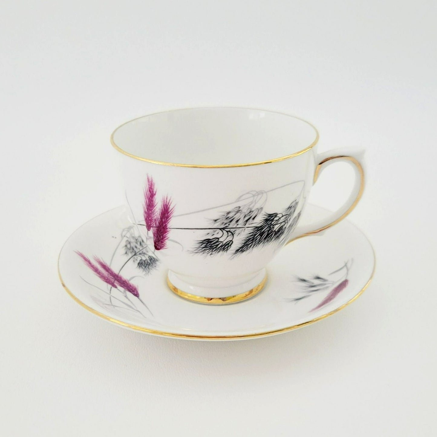 Vintage Pink and Black Wheat Teacup & Saucer by Ainsdale China, c.1960s England, Art Deco Style