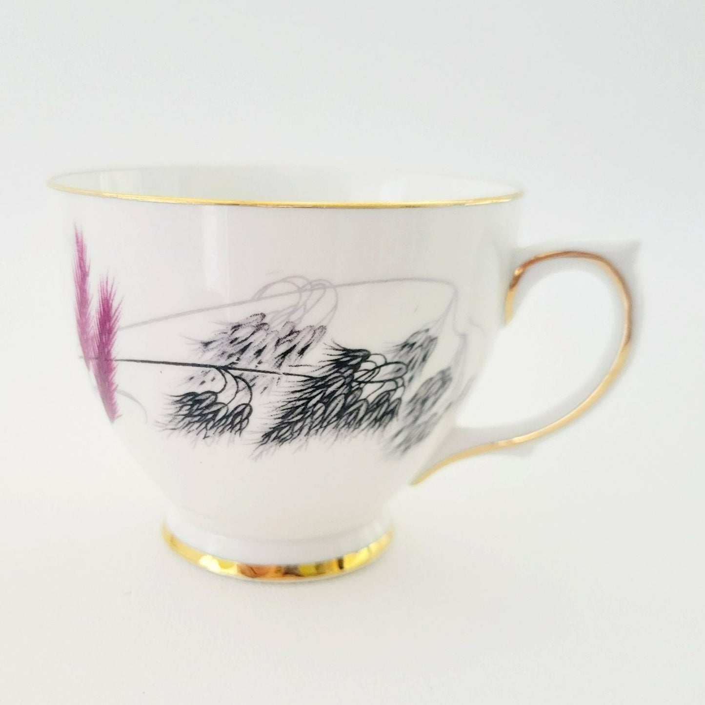Vintage Pink and Black Wheat Teacup & Saucer by Ainsdale China, c.1960s England, Art Deco Style