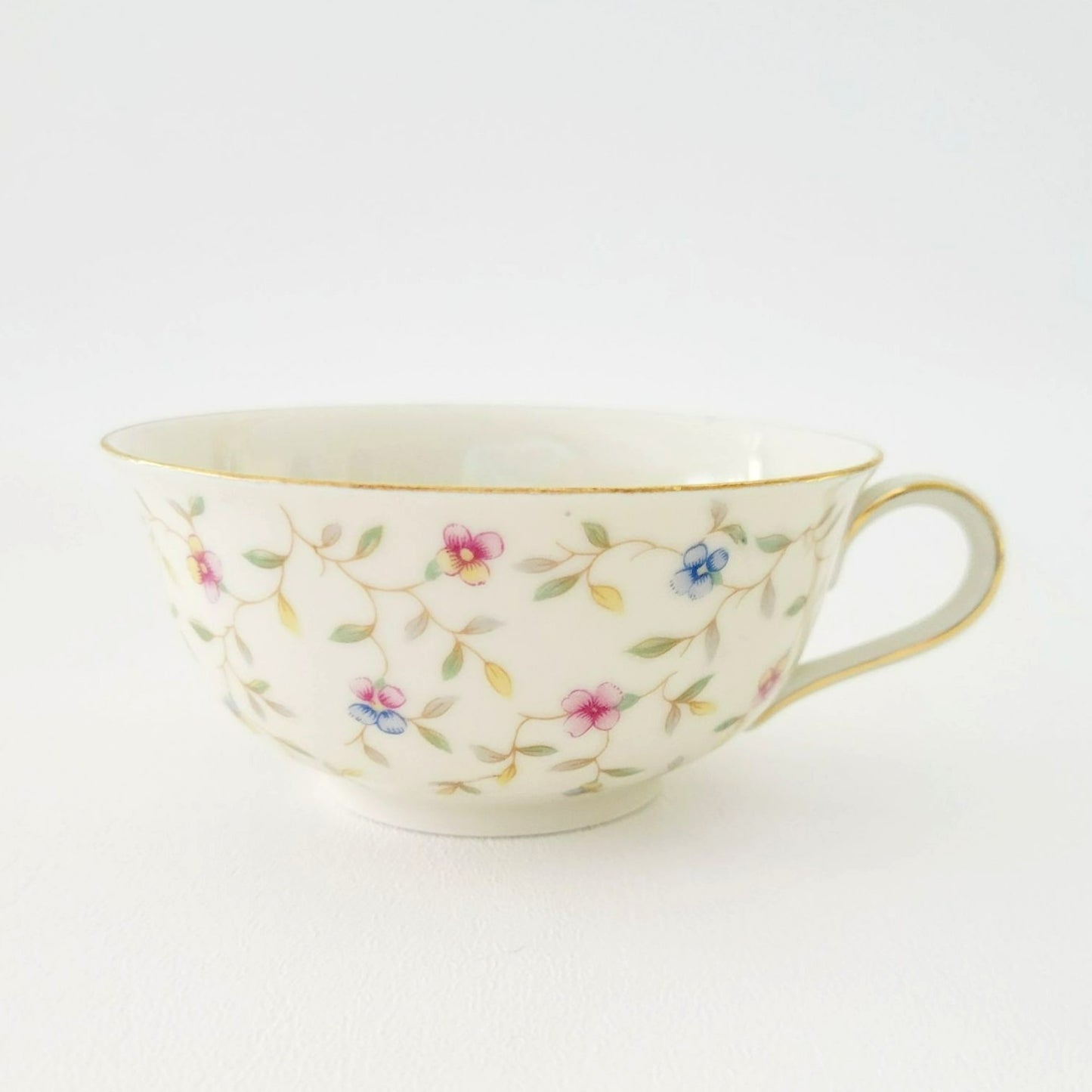 German Chintz Floral Teacup & Saucer, Cream with Pink & Blue Floral Design, Bavaria Elfenbein