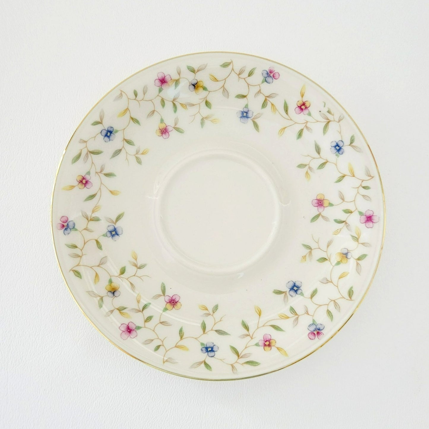 German Chintz Floral Teacup & Saucer, Cream with Pink & Blue Floral Design, Bavaria Elfenbein