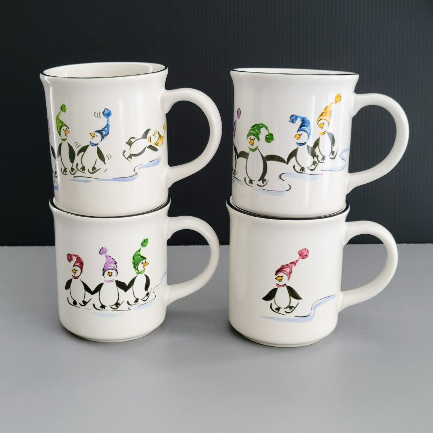 Pfaltzgraff Penguin Skate Mug Set of 4, c.2006-2010