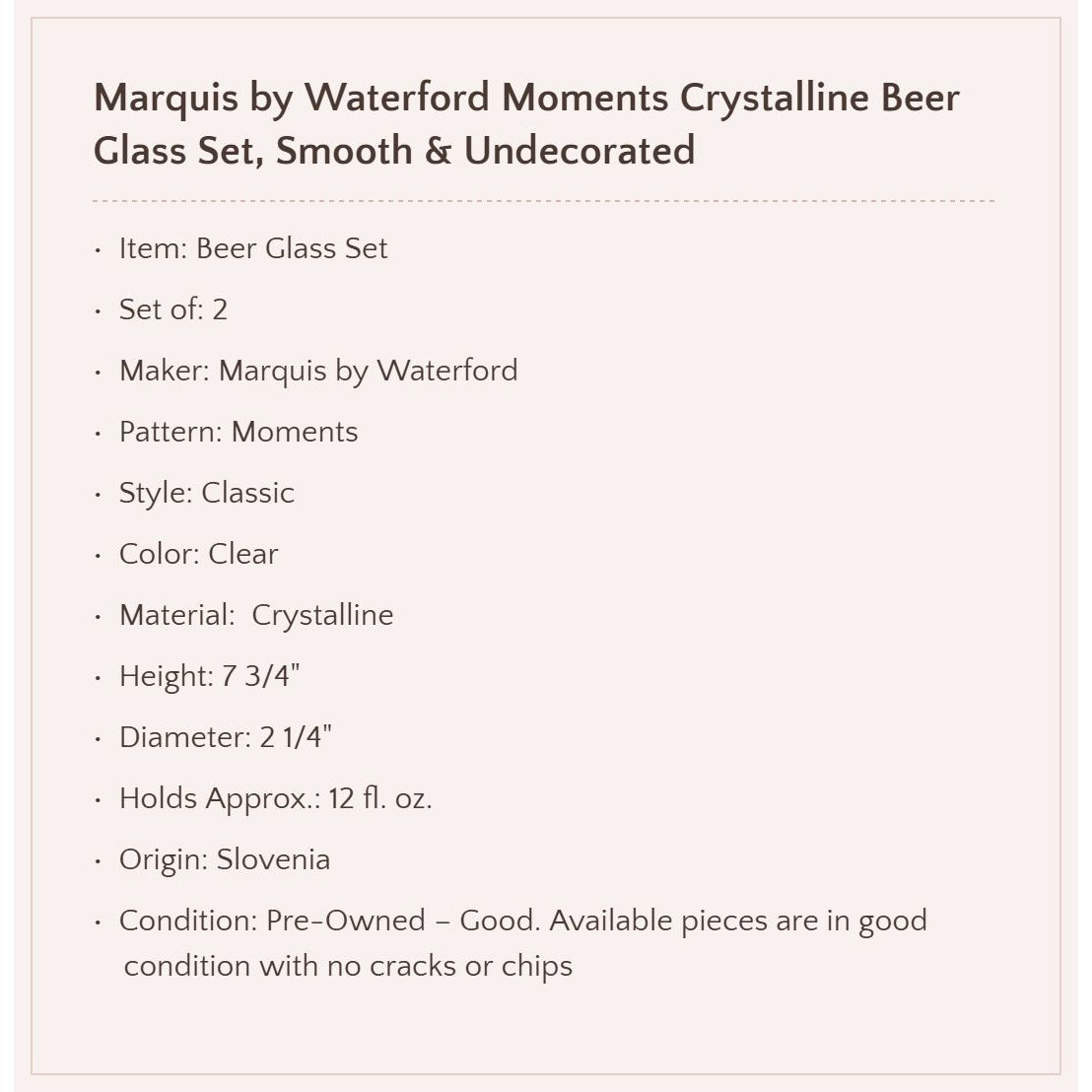 Marquis by Waterford "Moments" Beer Glass Set