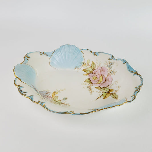 Antique La Francaise Porcelain Blue Shell & Pink Floral Bowl, Gold Trim Matte Floral, c.1900-16,