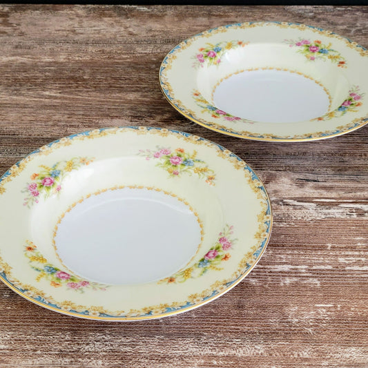 Rose China Cream & Blue Floral Rimmed Soup Bowl Set of 2, c.1945-48 Occupied Japan