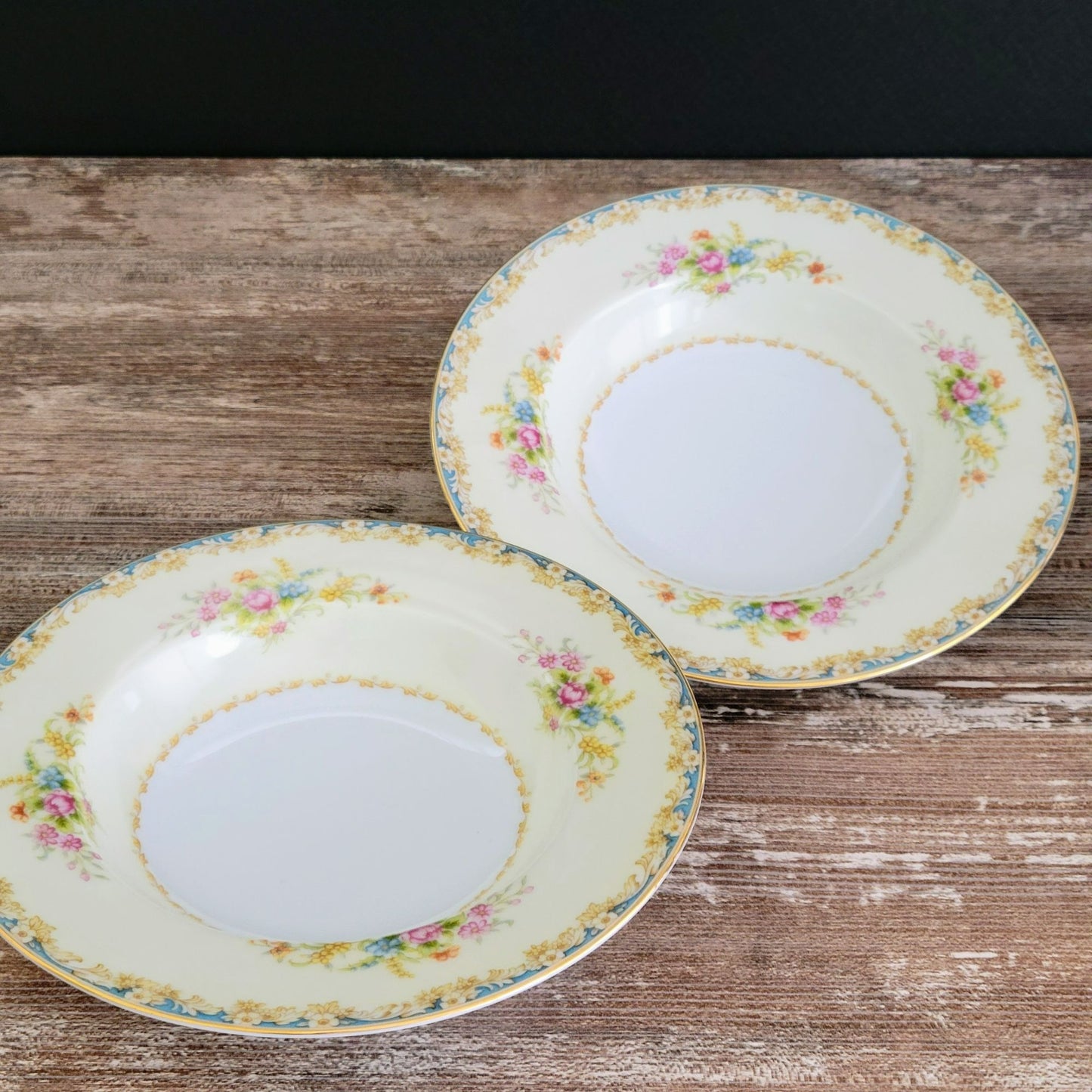 Rose China Cream & Blue Floral Rimmed Soup Bowl Set of 2, c.1945-48 Occupied Japan