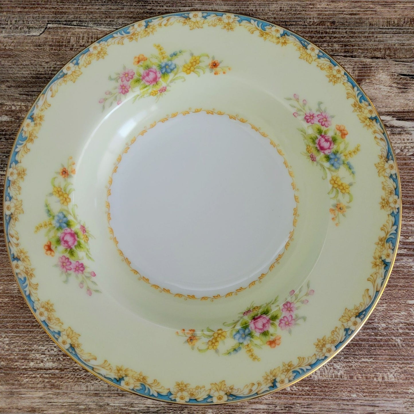 Rose China Cream & Blue Floral Rimmed Soup Bowl Set of 2, c.1945-48 Occupied Japan